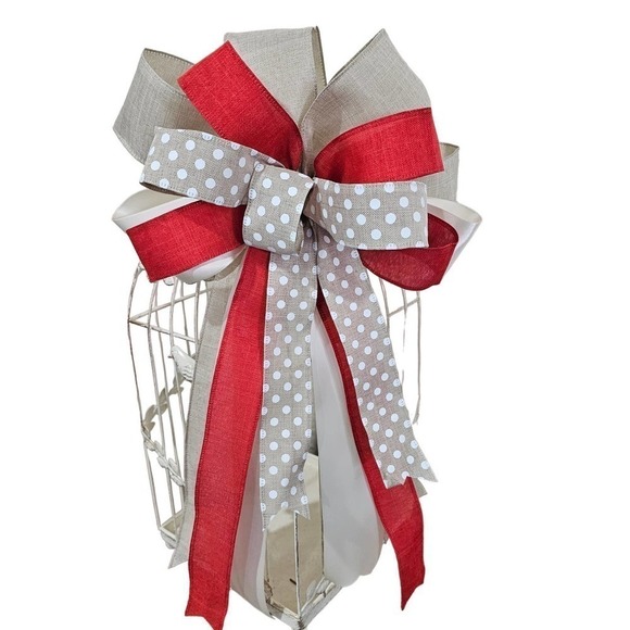 Christmas Bow, Handmade Holiday Bow, Tree Topper, Wreath Accent, Polka Dot Bow - Picture 2 of 9